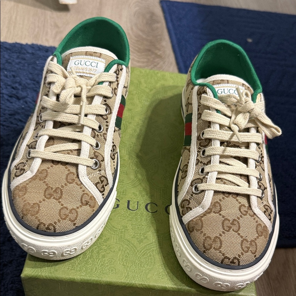 Gucci Beige GG Canvas Sneakers with Green and Red Web